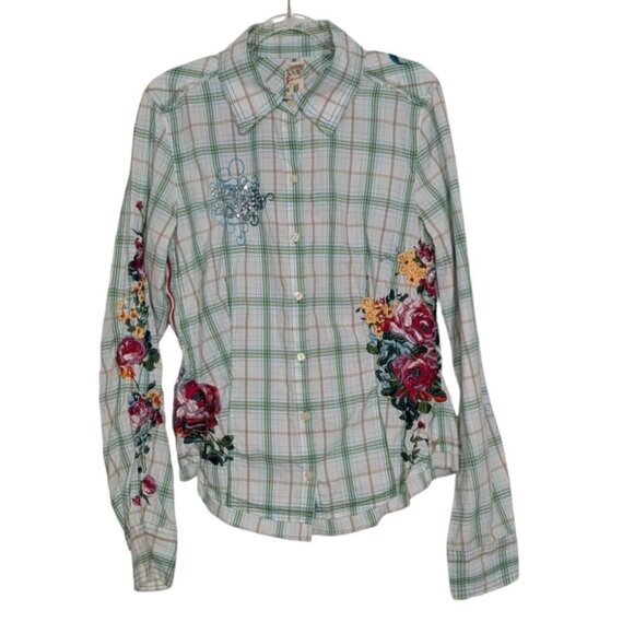 J3 Workshop Johnny Was Fairy Tails Shirt Womens Size Medium Green Plaid Floral - Picture 1 of 15